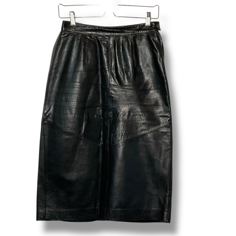 Vintage Leather Skirt Black Pencil Classic‎ Midi Knee Length Size Small